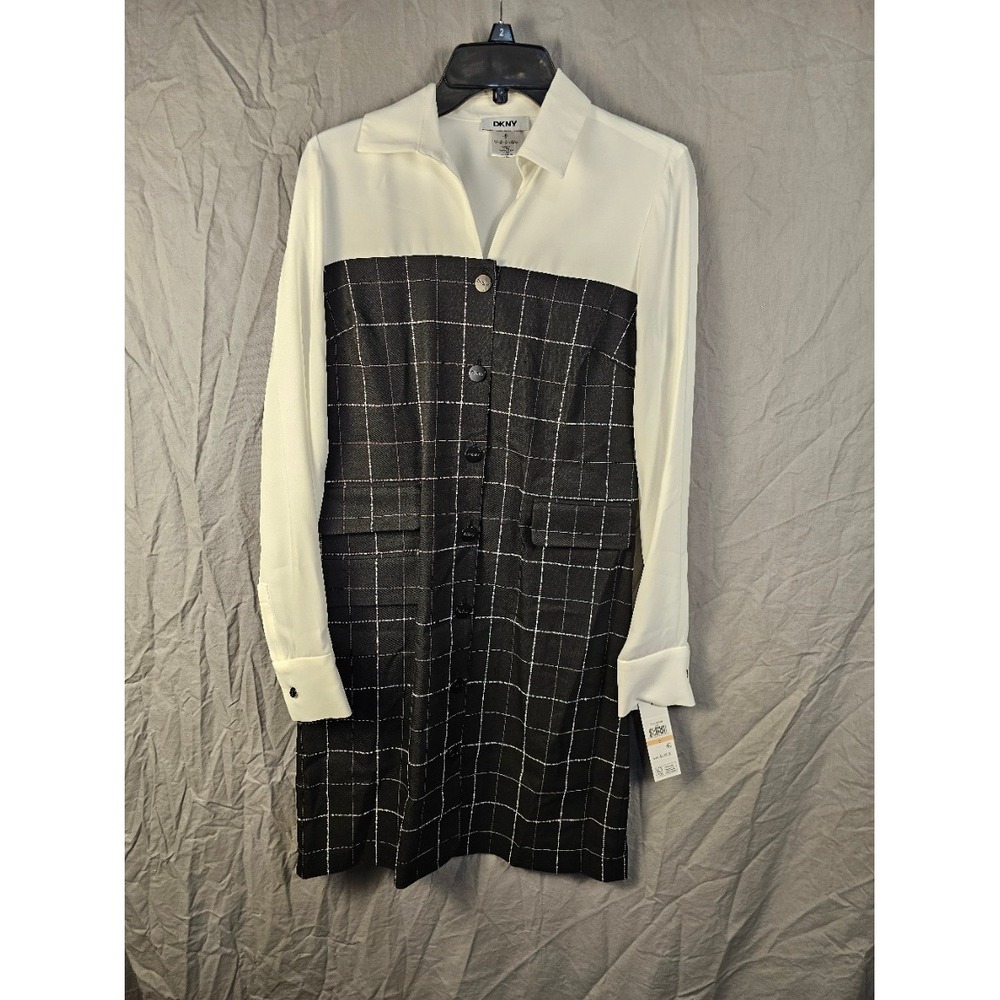 DKNY Womens Black White Grid Long Sleeve‎ Button Front Shirt Dress Size 2